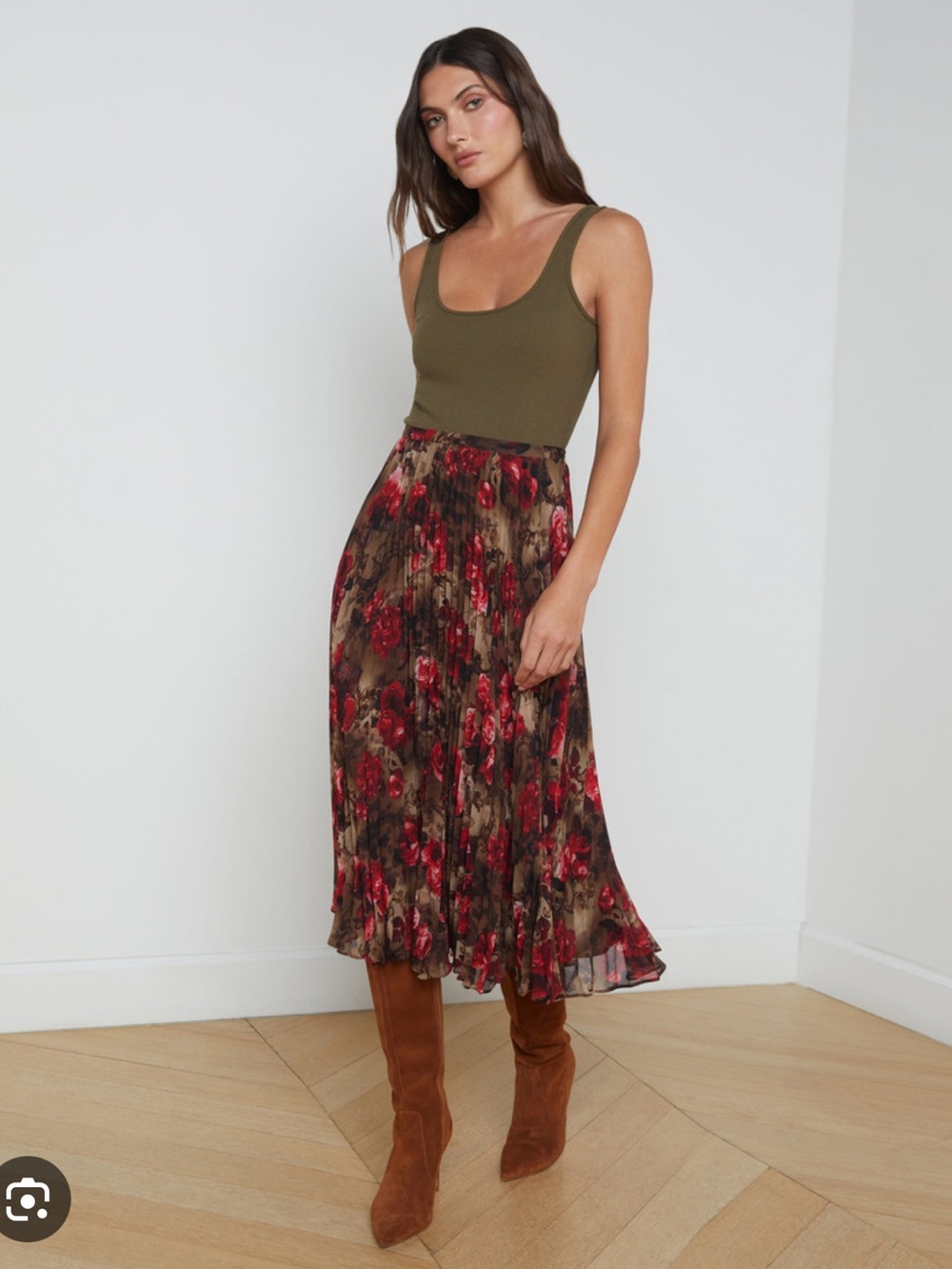 L'AGENCE Fernanda Army Floral Cheetah Pleated Midi Skirt size 6